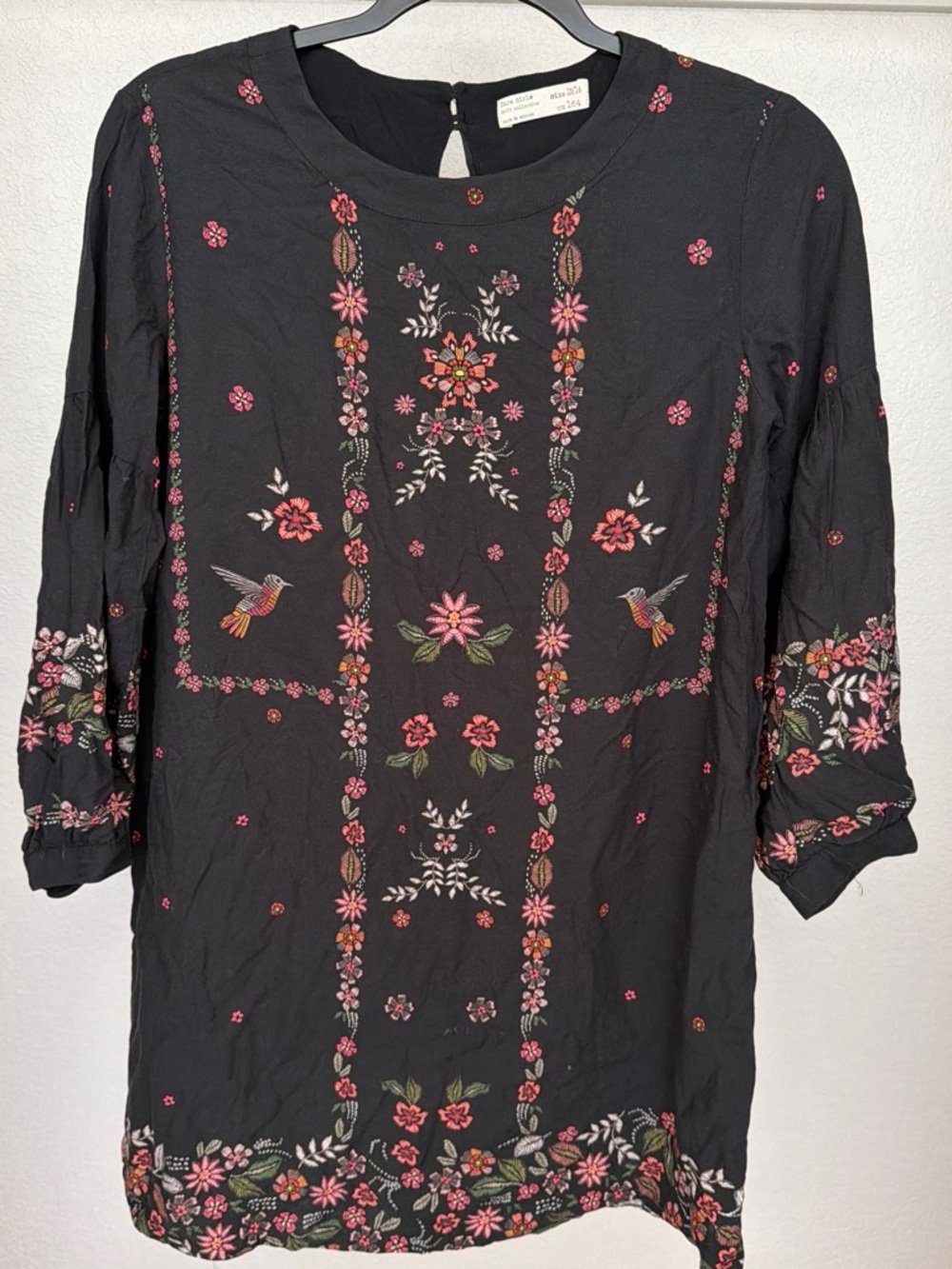 Zara Black Long-Sleeve Embroidered Floral & Hummingbird Dress